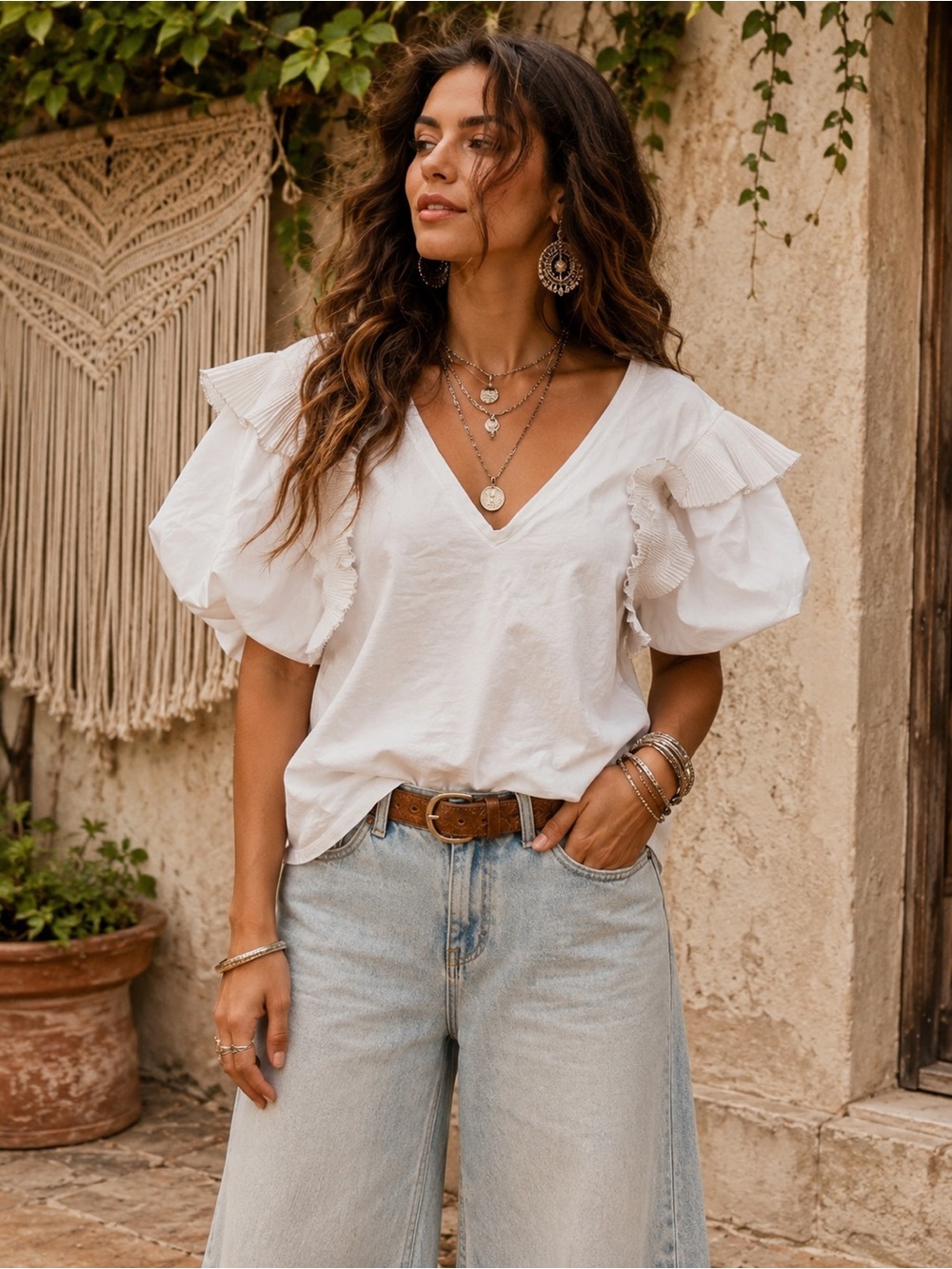Zara Women's White V-Neck Puff Sleeve Top - Lightweight Ruffle Detail Boho